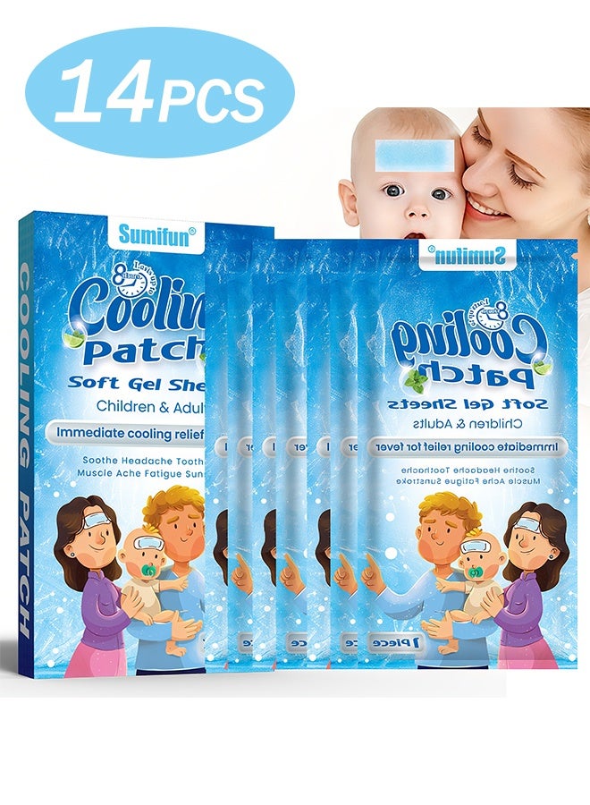 سوميفون عبوة من 14 رقعة تبريد، رقعة تبريد للحمى، تخفيف طبيعي للصداع النصفي، جل ناعم، رقعة حمى للأطفال، الوقاية من الصداع الناتج عن التوتر/التهاب الجيوب الأنفية - Image 1