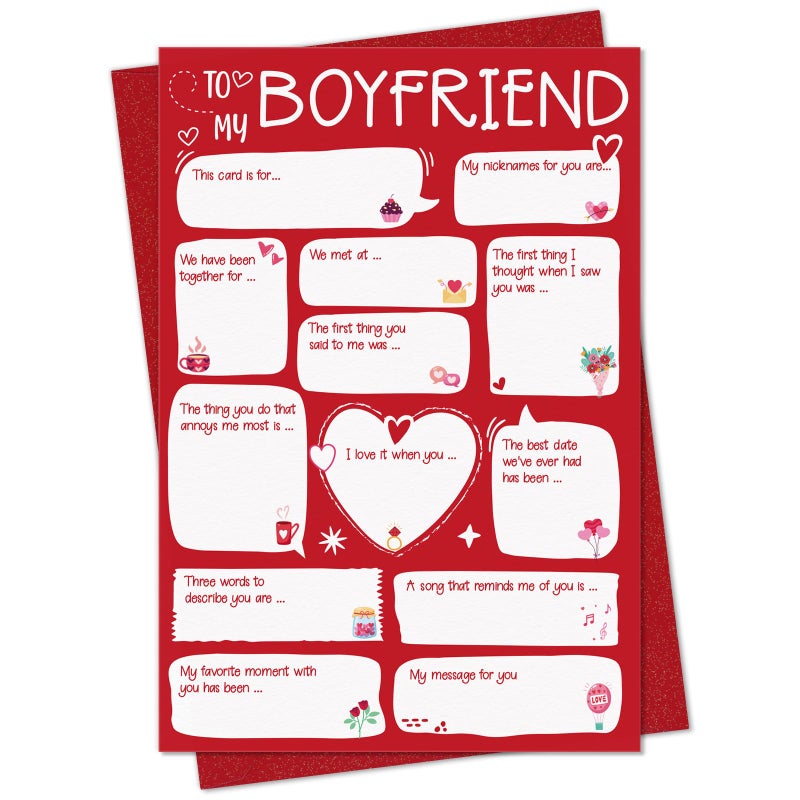 D4DREAM Valentine Day Card for Boyfriend - Personalized Fill-in-the-Blank DIY Valentine Card for Him, Red Envelope & Sealing Sticker (5.5â€x8â€) - Image 1