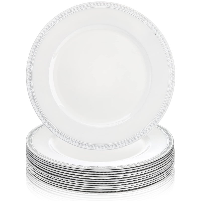 Okllen 12 Pack Plastic Round Charger Plates 13 Dinner Chargers Decorative Plates with Beaded Rim Embossed Charger Serving Plates for Wedding Catering Event Tabletop Decor White
