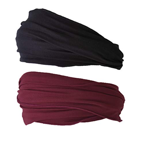Charm Mens Head Wraps Elastic Bandana - Japanese Headband Workout Women Hair Black & Maroon 2-Pack - Image 1