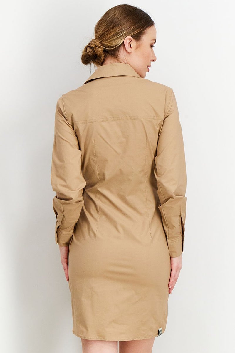 The Giving Movement Women Long Sleeve Rouched Shirt Dress, Beige - Image 2