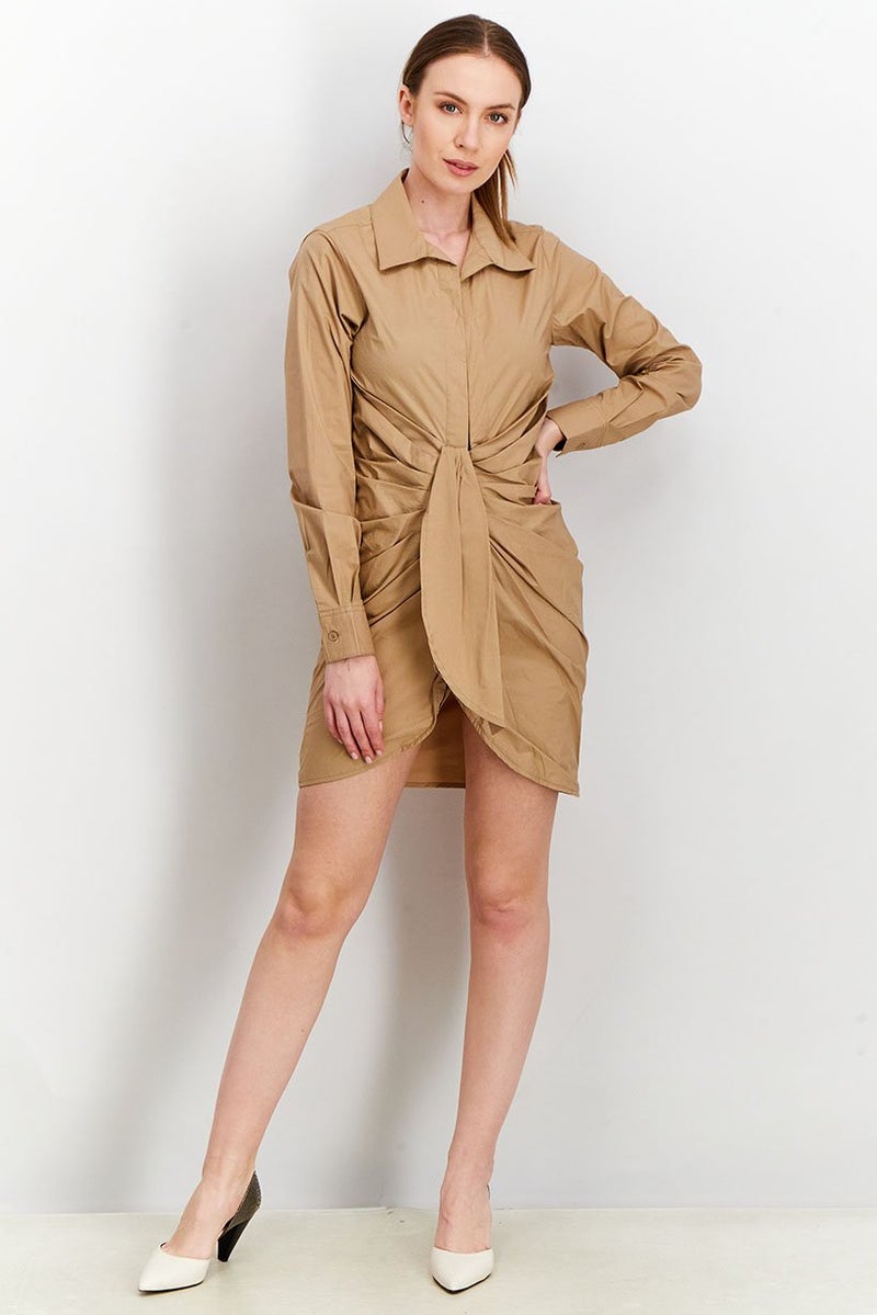 The Giving Movement Women Long Sleeve Rouched Shirt Dress, Beige - Image 4