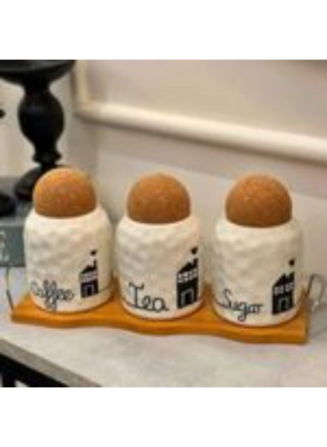 طقم برطمانات تخزين للمطبخ من البورسلين الأبيض بغطاء خشبي وقاعدة خيزران  (Coffee, Tea, Sugar)، - Image 1