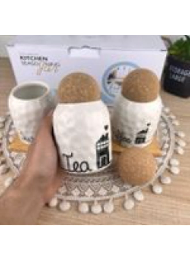 طقم برطمانات تخزين للمطبخ من البورسلين الأبيض بغطاء خشبي وقاعدة خيزران  (Coffee, Tea, Sugar)، - Image 4