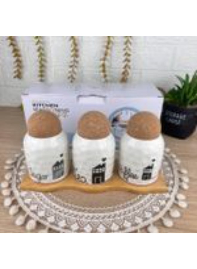 طقم برطمانات تخزين للمطبخ من البورسلين الأبيض بغطاء خشبي وقاعدة خيزران  (Coffee, Tea, Sugar)، - Image 3