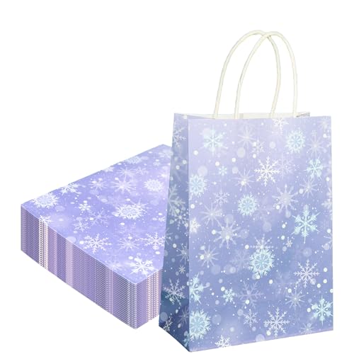 W WINTMING 12 Pcs Snowflake Gift Bags Snowflakes Paper Goodie Bags Bulk Frozen Party Favor Bags with Handles for Birthday Christmas Winter Wonderland (Snowflake-Purple, 12) - Image 1