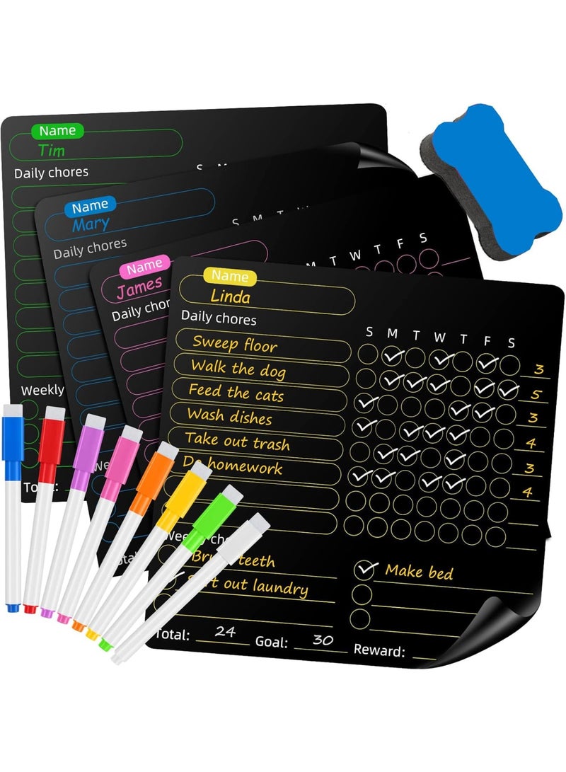 Zikra Magnetic Dry Erase Calendar, 4 Pcs Magnetic Chore Chart for Kids with 8 Colored Markers and 1 Eraser, Reward Chart, Dry Erase Behavior Charts for Kids, Teens, Adults, Family, Black - Image 1