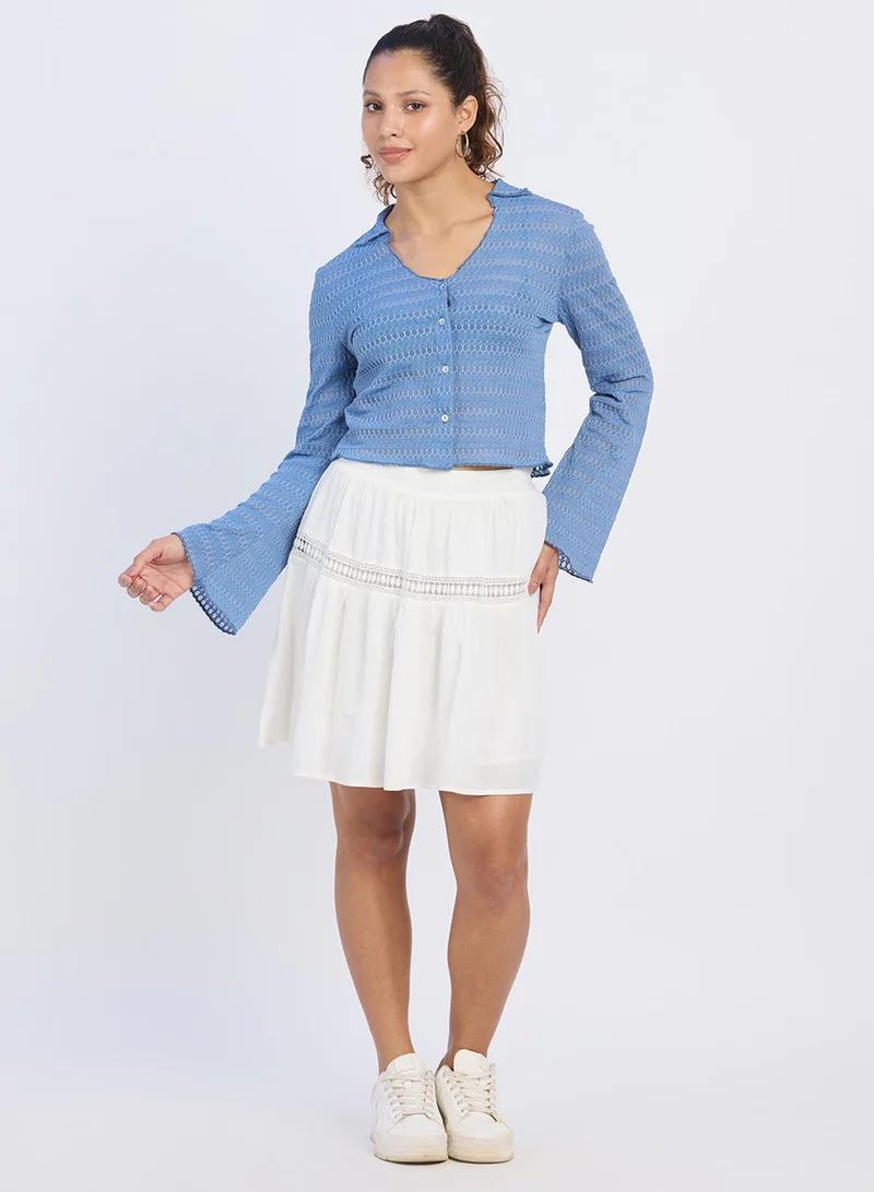 بينيا كولادا PINACOLADA Women's Tufts Blue Textured-Knitted Top For Casual Wear | Spread Collar | Long Sleeves | Button Closure | Top Designed With Comfortable Fit For Woman & Girls