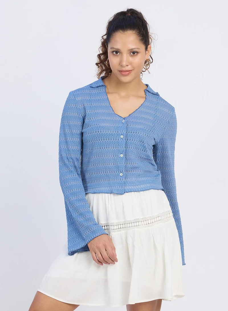 بينيا كولادا PINACOLADA Women's Tufts Blue Textured-Knitted Top For Casual Wear | Spread Collar | Long Sleeves | Button Closure | Top Designed With Comfortable Fit For Woman & Girls