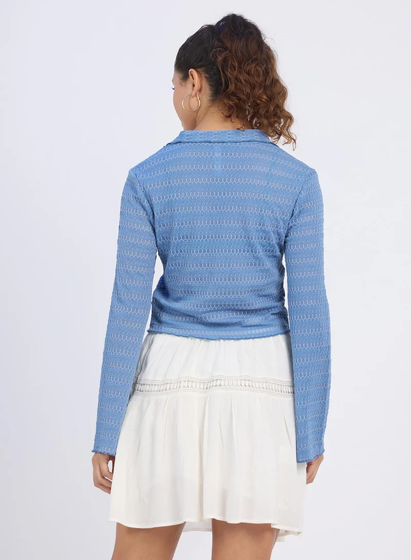بينيا كولادا PINACOLADA Women's Tufts Blue Textured-Knitted Top For Casual Wear | Spread Collar | Long Sleeves | Button Closure | Top Designed With Comfortable Fit For Woman & Girls