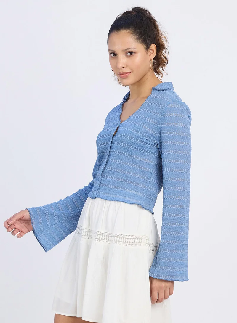 بينيا كولادا PINACOLADA Women's Tufts Blue Textured-Knitted Top For Casual Wear | Spread Collar | Long Sleeves | Button Closure | Top Designed With Comfortable Fit For Woman & Girls