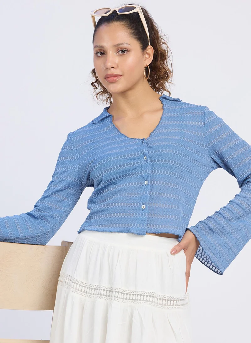 بينيا كولادا PINACOLADA Women's Tufts Blue Textured-Knitted Top For Casual Wear | Spread Collar | Long Sleeves | Button Closure | Top Designed With Comfortable Fit For Woman & Girls