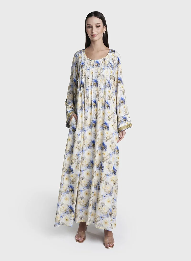 كشخة Blue Colour Lace Work Rayon Floral Printed Jalabiya (VG3318)