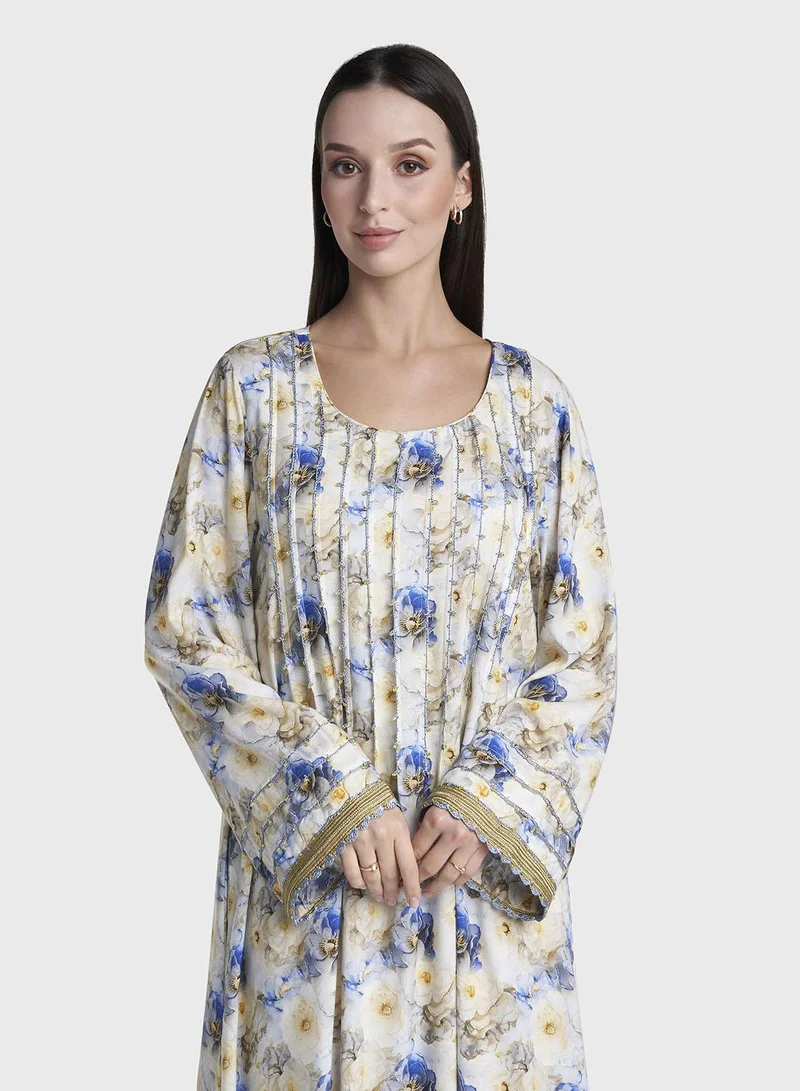 كشخة Blue Colour Lace Work Rayon Floral Printed Jalabiya (VG3318)