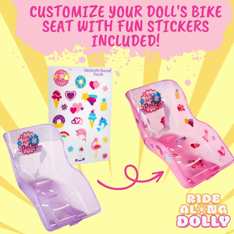 Ride Along Dolly Doll Bicycle Seat- The Original Bike Attachment for 18"-22" Dolls and Stuffed Animals- Decorate Yourself Decals Included, Fits Most Bikes, Birthday (Pink)- Christmas - Image 4