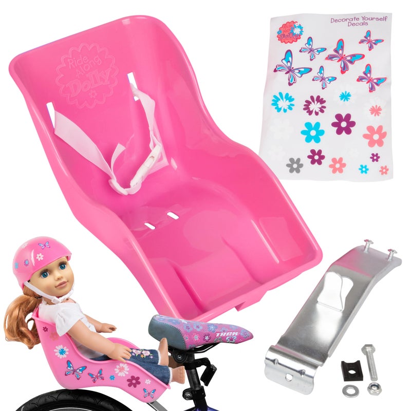 Ride Along Dolly Doll Bicycle Seat- The Original Bike Attachment for 18"-22" Dolls and Stuffed Animals- Decorate Yourself Decals Included, Fits Most Bikes, Birthday (Pink)- Christmas - Image 1