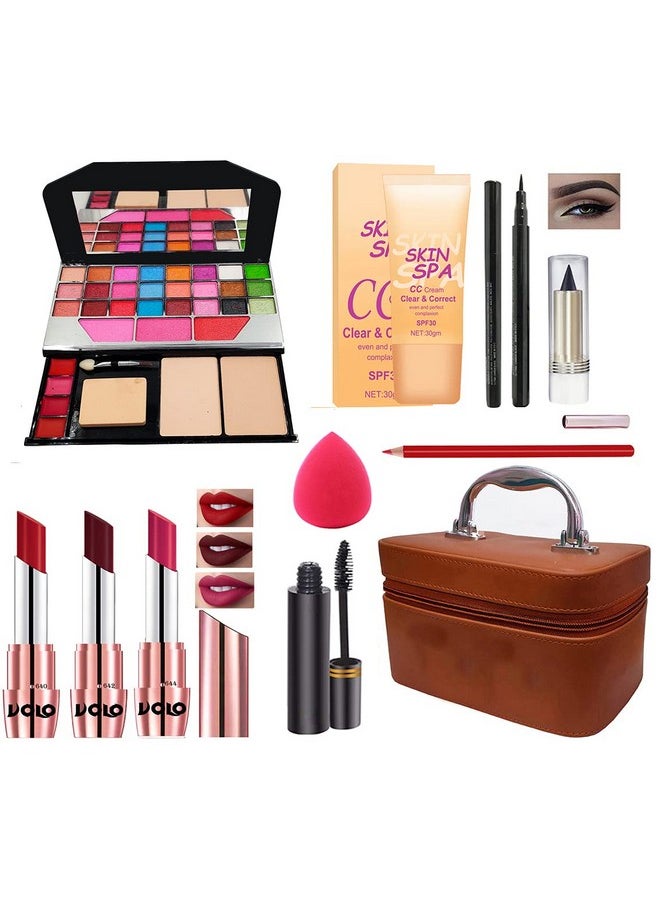 G4U - All In One Makeup Kit Gift Set Eyeshadow Pen Eyeliner Cc Cream3 Lipsticks Kajal Lip Liner Puff Mascara Perfect For Party Wedding Makeup With Makeup Box(Set Of 11Pcs) St 1 - Image 1