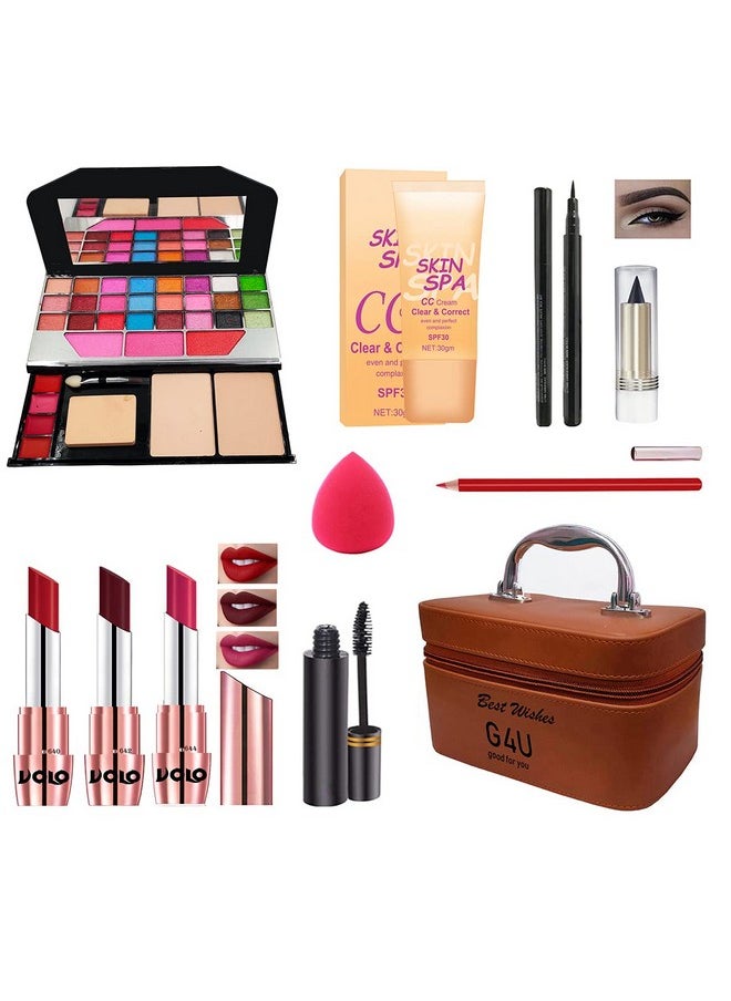 G4U - All In One Makeup Kit Gift Set Eyeshadow Pen Eyeliner Cc Cream3 Lipsticks Kajal Lip Liner Puff Mascara Perfect For Party Wedding Makeup With Makeup Box(Set Of 11Pcs) St 1 - Image 1