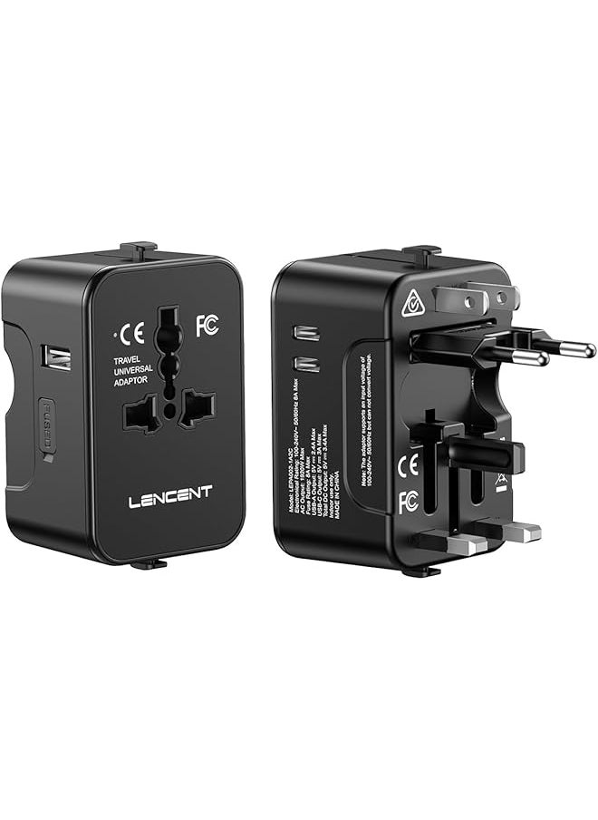 Lencent LENCENT International Travel Adapter, Universal Travel Adapter with 1 USB-A + 2 Type C, All in One Power Adapter for Phone,Laptops, Worldwide Plug Adapter for USA UK EU AUS, Black  - Image 1