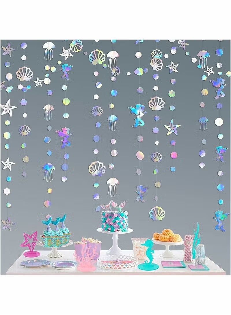 4pcs Party Garlands, Mermaid Garland, with Jellyfish Seashell Starfish Pearl, Holographic Paper Streamer, for Mermaid Rainbow Theme Birthday Bachelorette Baby Shower Under The Sea, Party Decorations - Image 1