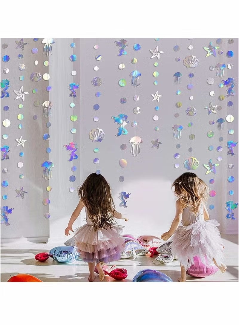 4pcs Party Garlands, Mermaid Garland, with Jellyfish Seashell Starfish Pearl, Holographic Paper Streamer, for Mermaid Rainbow Theme Birthday Bachelorette Baby Shower Under The Sea, Party Decorations - Image 5