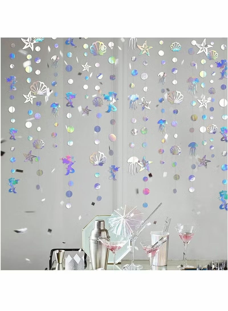 4pcs Party Garlands, Mermaid Garland, with Jellyfish Seashell Starfish Pearl, Holographic Paper Streamer, for Mermaid Rainbow Theme Birthday Bachelorette Baby Shower Under The Sea, Party Decorations - Image 4