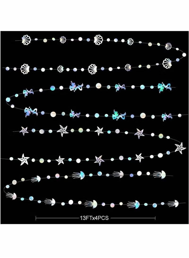 4pcs Party Garlands, Mermaid Garland, with Jellyfish Seashell Starfish Pearl, Holographic Paper Streamer, for Mermaid Rainbow Theme Birthday Bachelorette Baby Shower Under The Sea, Party Decorations - Image 3