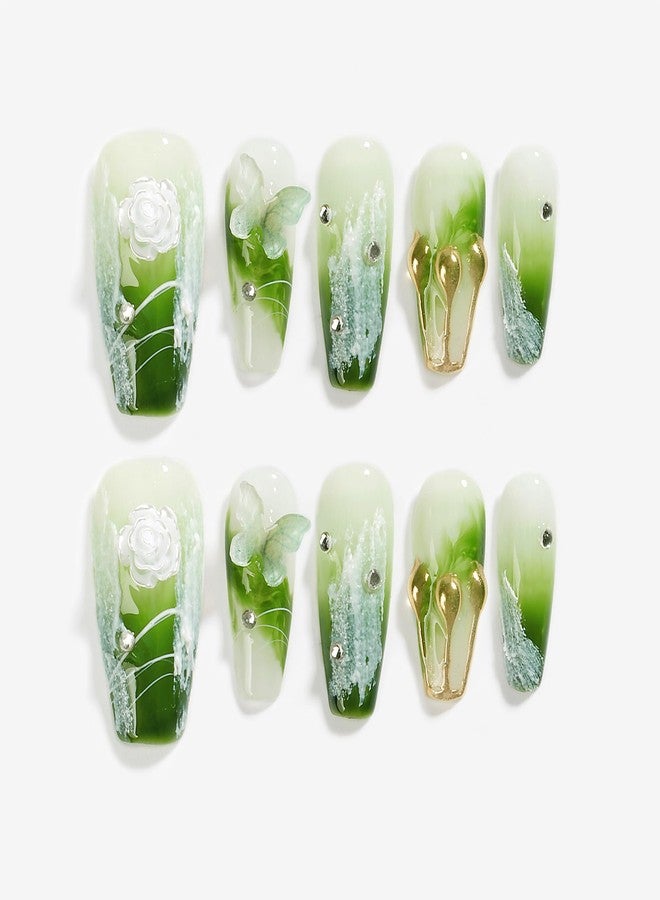 Sun&Beam Nails Handmade Press On Nail Medium Long Coffin Ballerina Green Flower Butterfly Fake Tip 3D Design Art Charms Cute with Storage Box 10 Pcs (009 XS) - Image 1