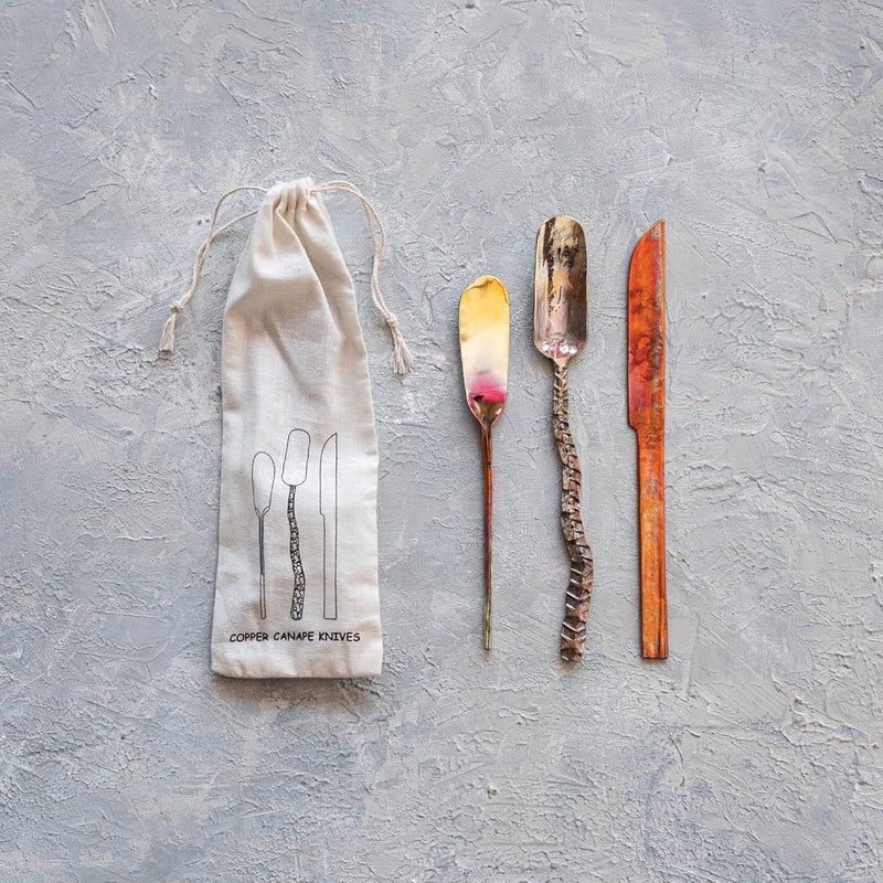 Creative CoOp Forged Copper Set of 3 Styles Multicolor Cheese Knives - Image 2