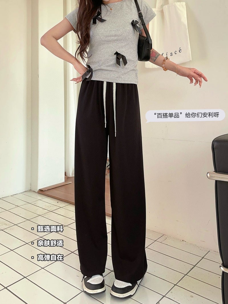 Herringbone Pattern Wide-leg Pants Womens Summer 2025 New High Waist Casual Straight Pants Slim-fit Hangout Long Pants White  - Image 2