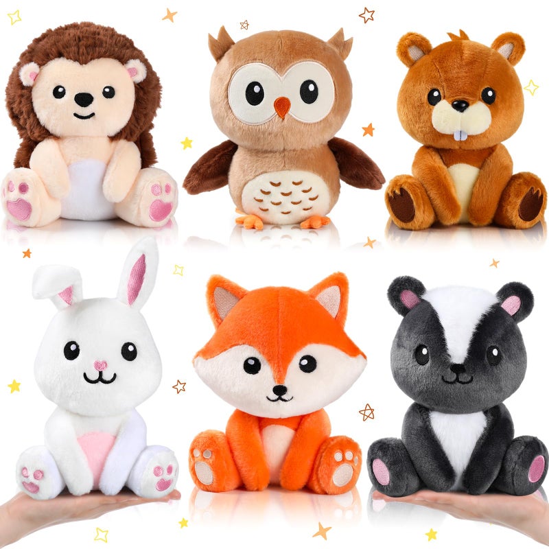 RoundFunny 6 Pcs Safari Animals Toys 7 Inch Owl Rabbit Fox Beaver Hedgehog Skunk Large Stuffed Animals Bulk for Woodland Baby Showers Party Decor Birthday Gifts Classroom Teacher Student Awards - Image 3