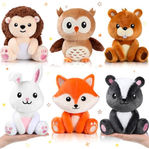 RoundFunny 6 Pcs Safari Animals Toys 7 Inch Owl Rabbit Fox Beaver Hedgehog Skunk Large Stuffed Animals Bulk for Woodland Baby Showers Party Decor Birthday Gifts Classroom Teacher Student Awards - Image 1