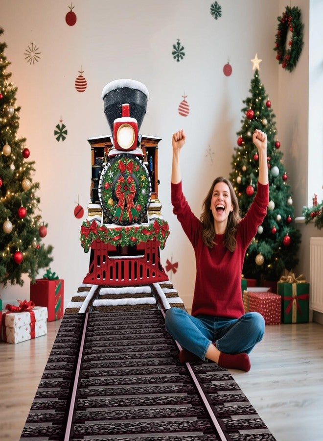 WovWeave 2 Pcs Christmas Express Train Decorations - 5.9 x 4.3 ft Train Backdrop and 9.8 x 2 ft Railroad Track Banner, Fabric Xmas Background for Winter Holiday North Pole Party Wall Door Cover Decor - Image 5