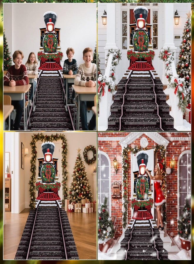 WovWeave 2 Pcs Christmas Express Train Decorations - 5.9 x 4.3 ft Train Backdrop and 9.8 x 2 ft Railroad Track Banner, Fabric Xmas Background for Winter Holiday North Pole Party Wall Door Cover Decor - Image 4