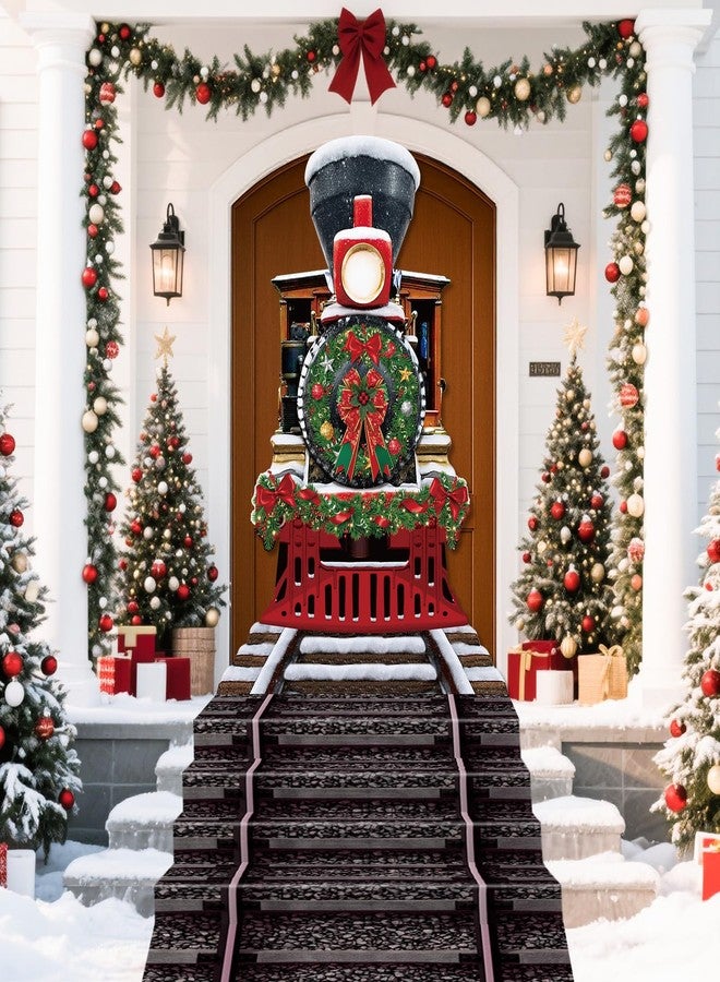 WovWeave 2 Pcs Christmas Express Train Decorations - 5.9 x 4.3 ft Train Backdrop and 9.8 x 2 ft Railroad Track Banner, Fabric Xmas Background for Winter Holiday North Pole Party Wall Door Cover Decor - Image 1