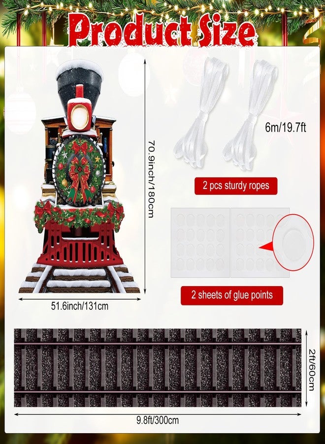 WovWeave 2 Pcs Christmas Express Train Decorations - 5.9 x 4.3 ft Train Backdrop and 9.8 x 2 ft Railroad Track Banner, Fabric Xmas Background for Winter Holiday North Pole Party Wall Door Cover Decor - Image 2