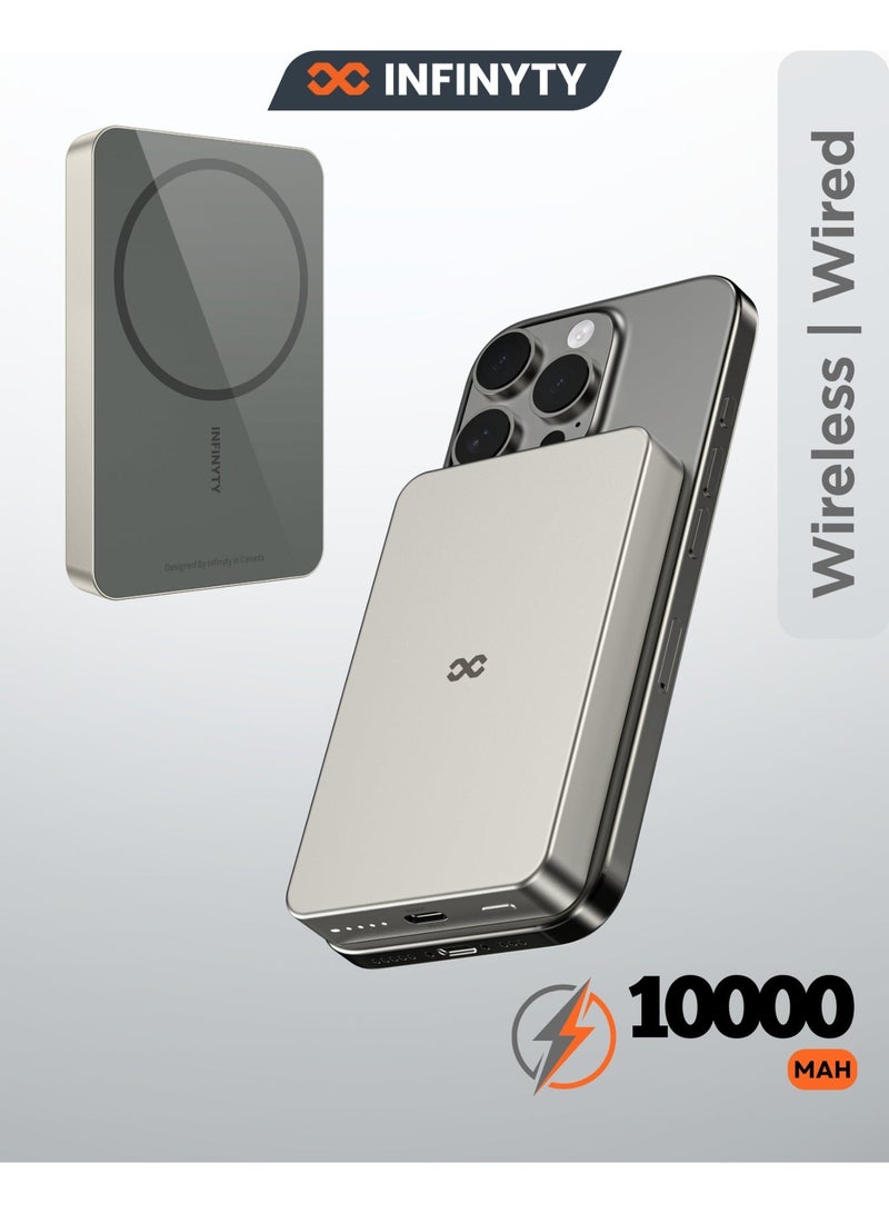 INFINYTY Power Bank 10000mAh Wired & Wireless Charging, MagSafe Compatible, 1 Year Warranty, Natural Titanium, Ultra-Slim 12.4mm, USB-C 20W Fast Charging, Compact, Light Weight, Portable, Premium Aluminum Alloy and Glass Body, Versatile Compatibility with Smartphones - Image 1