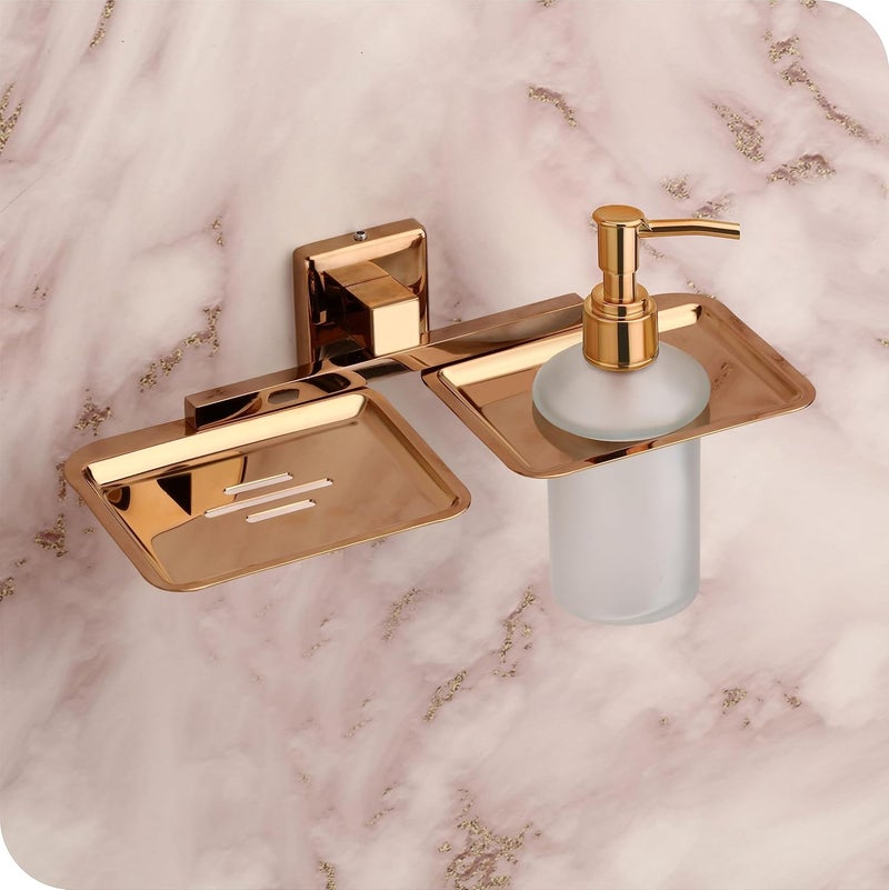KANJAL Liquid soap Dispenser with soap case Holder for washbasin Liquid Dispenser and saop Dish for Bathroom soap Holders dispensers 40304 Stainless SteelRose Gold PVDFrosted Glass - Image 1