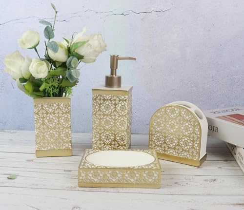 Hymmah Gold Bathroom Accessories Set,Farmhouse Bathroom Decor,4 Pcs Resin Gift Set Apartment Necessities, Contain Cotton Swab Jar,Soap Dispenser,Tumbler，Soap Dish/Tray - Image 4