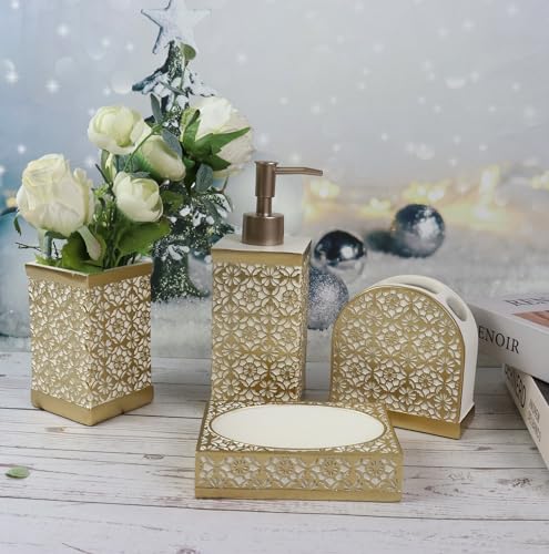 Hymmah Gold Bathroom Accessories Set,Farmhouse Bathroom Decor,4 Pcs Resin Gift Set Apartment Necessities, Contain Cotton Swab Jar,Soap Dispenser,Tumbler，Soap Dish/Tray - Image 5