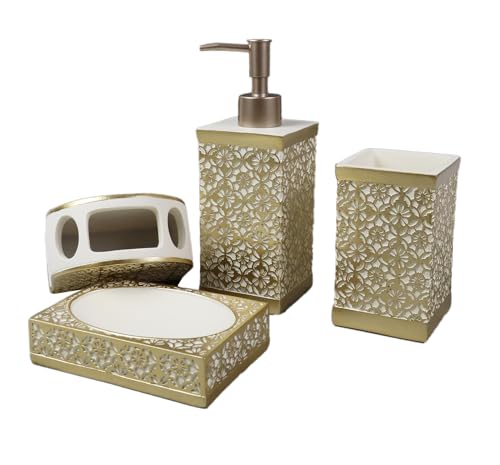 Hymmah Gold Bathroom Accessories Set,Farmhouse Bathroom Decor,4 Pcs Resin Gift Set Apartment Necessities, Contain Cotton Swab Jar,Soap Dispenser,Tumbler，Soap Dish/Tray - Image 2