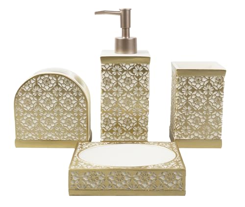 Hymmah Gold Bathroom Accessories Set,Farmhouse Bathroom Decor,4 Pcs Resin Gift Set Apartment Necessities, Contain Cotton Swab Jar,Soap Dispenser,Tumbler，Soap Dish/Tray - Image 1