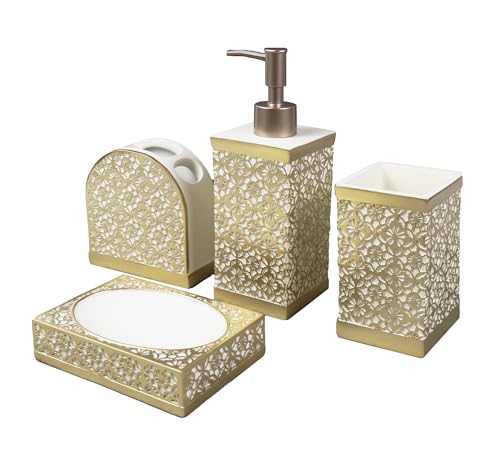 Hymmah Gold Bathroom Accessories Set,Farmhouse Bathroom Decor,4 Pcs Resin Gift Set Apartment Necessities, Contain Cotton Swab Jar,Soap Dispenser,Tumbler，Soap Dish/Tray - Image 3
