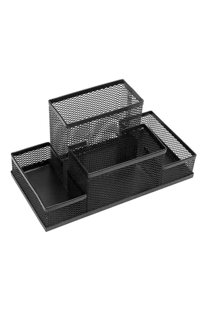 Metal Mesh Desk Organizer with 4 Sections, Pen and Paper Holder, Office Supplies Storage Organizer, Home and School Accessories, Black - Image 1