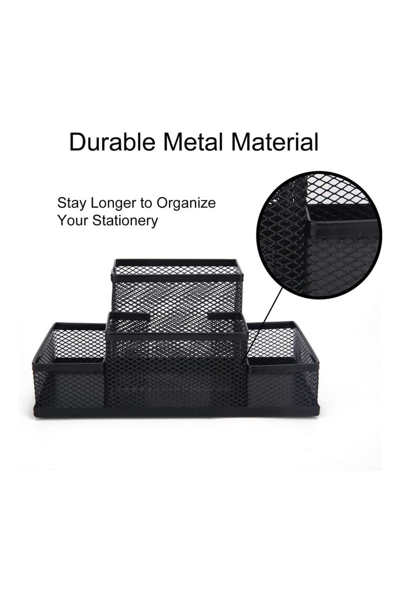 Metal Mesh Desk Organizer with 4 Sections, Pen and Paper Holder, Office Supplies Storage Organizer, Home and School Accessories, Black - Image 2
