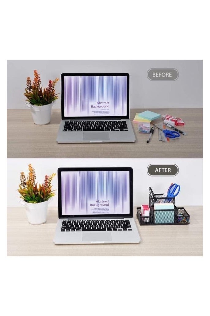 Metal Mesh Desk Organizer with 4 Sections, Pen and Paper Holder, Office Supplies Storage Organizer, Home and School Accessories, Black - Image 3