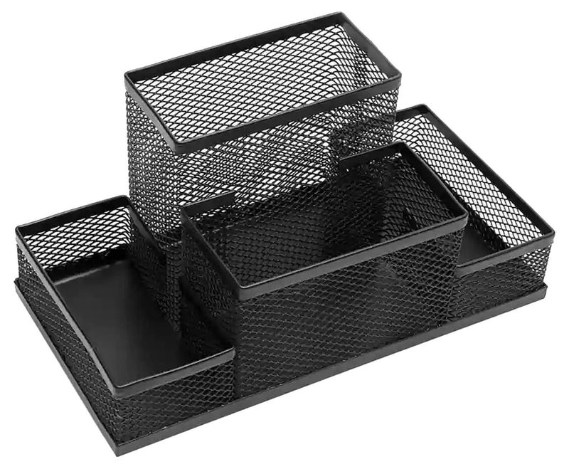 Metal Mesh Desk Organizer with 4 Sections, Pen and Paper Holder, Office Supplies Storage Organizer, Home and School Accessories, Black - Image 1