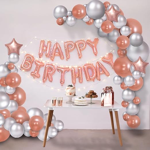 BRIJBAZAAR Rose Gold Happy Birthday Decorations Supplies Birthday Star Foil Balloons With Balloons Banner (cardstock) Led Light 77Pcs For Girls Women Mom 16th 18th 21st 60th 30th 50th - Image 1