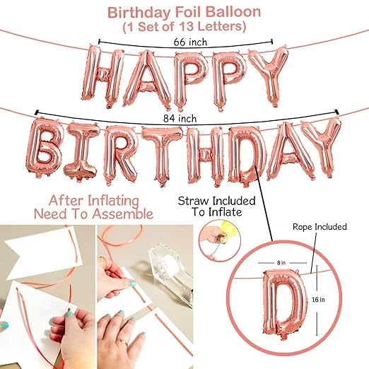 BRIJBAZAAR Rose Gold Happy Birthday Decorations Supplies Birthday Star Foil Balloons With Balloons Banner (cardstock) Led Light 77Pcs For Girls Women Mom 16th 18th 21st 60th 30th 50th - Image 4