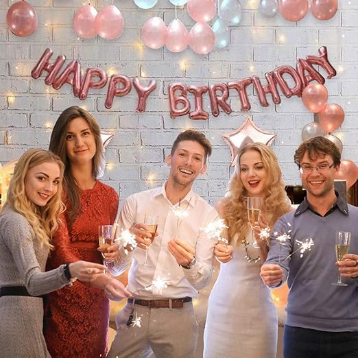BRIJBAZAAR Rose Gold Happy Birthday Decorations Supplies Birthday Star Foil Balloons With Balloons Banner (cardstock) Led Light 77Pcs For Girls Women Mom 16th 18th 21st 60th 30th 50th - Image 5